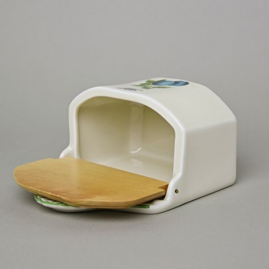 Slánka závěsná s dřevěným víčkem s nápisem Sůl 0,70 l, slonová kost s dekorací ovoce, Český porcelán a.s.