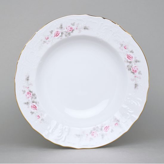 Zlatá linka: Talíř hluboký 23 cm, Thun 1794, karlovarský porcelán, BERNADOTTE růžičky