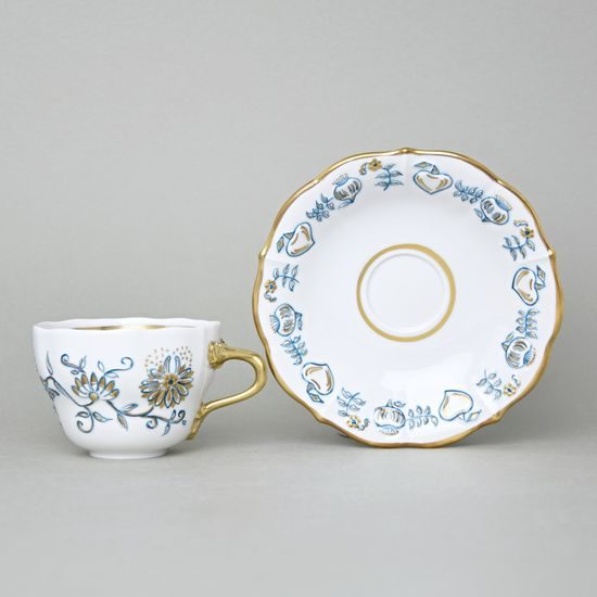 Elegance: Cup 0,21 l + saucer 16 cm, Gold + Petrol blue, Hand-decorated by Vilém Janoušek, Český porcelán a.s