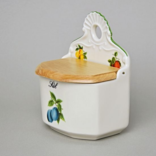 Slánka závěsná s dřevěným víčkem s nápisem Sůl 0,70 l, slonová kost s dekorací ovoce, Český porcelán a.s.