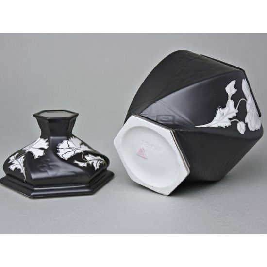 Dóza / Urna šestihran 20 x 14,5 x 13 cm , Černý fond + platina 2, Porcelán Duchcov