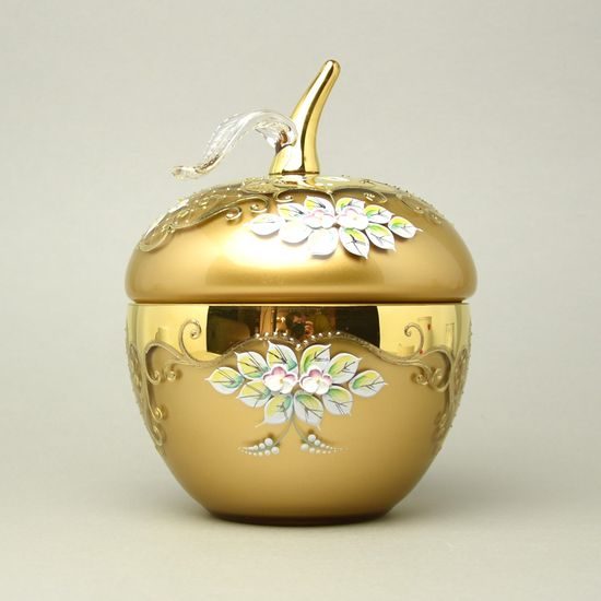 Křišťálová dóza "Jablko" kulatá velká - ZLATÁ, v. 22 cm, zlato + smalt, Jahami Bohemia