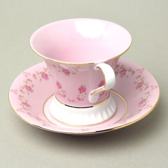 Cup footed 200 ml + sacuer 15 cm, Světlana, pink-white, decor 158, Leander, rose china