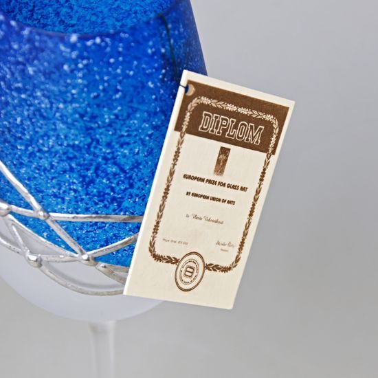 Studio Miracle: Sklenice na víno 2 ks, Modrá + cín, 250 ml, ruční dekorace Vlasta Voborníková