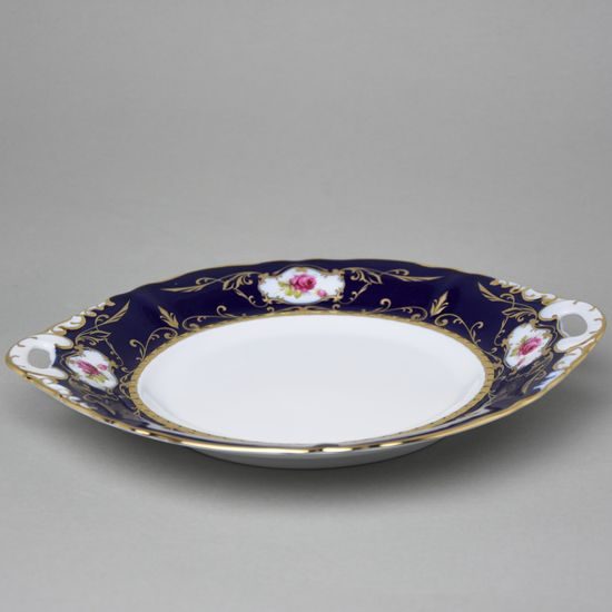 440: Cake plate w/handles 27 cm, Sonáta, cobalt + gold + roses, Leander Loučky