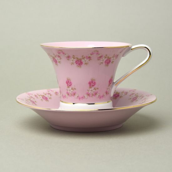 Cup footed 200 ml + sacuer 15 cm, Světlana, pink-white, decor 158, Leander, rose china