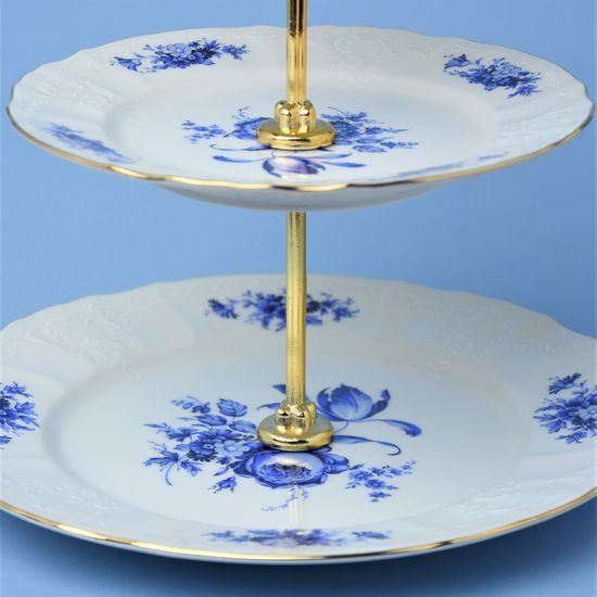 Cake stand 3 pcs. 34 cm, steel stick,Thun 1794 Carlsbad porcelain, BERNADOTTE blue rose