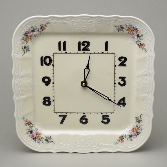 Wall Clock square 26 cm, Thun 1794, karlovarský porcelán, BERNADOTTE ivory + flowers