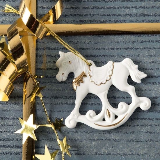 Houpací koník 7,5 cm (vánoční ozdoba) z biskvitového porcelánu + zlato, Unterweissbacher Werkstätten für Porzellankunst
