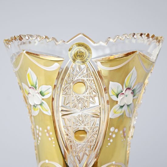 Crystal Cut Vase, hand-decorated, 205 mm, Gold + Enamel, Jahami Bohemia