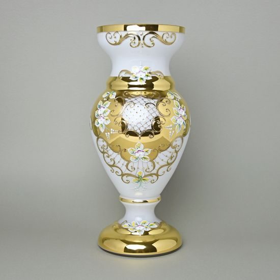 Vase 35 cm, WHITE glass, gold + enamel, Nový Bor glass