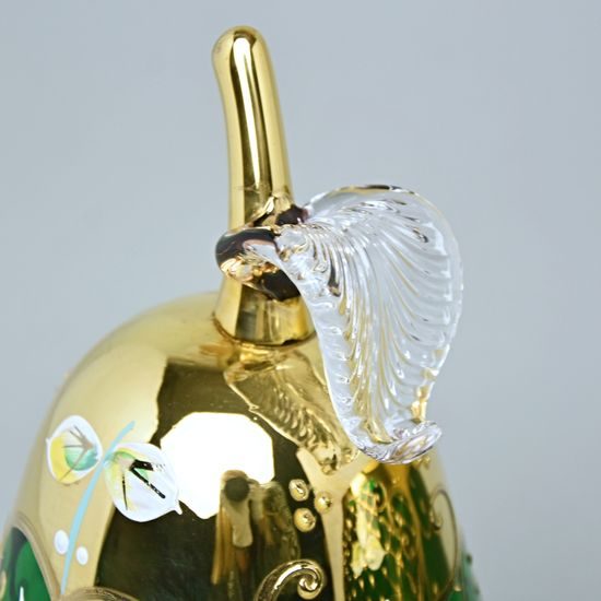 Dose "Pear" round, dark green 28 cm, emanel + gold, Nový Bor glass