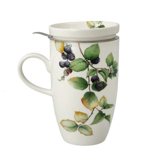 Hrnek s víčkem a sýtkem sýkorka modřinka 450 ml, jemný kostní porcelán a kov, Goebel
