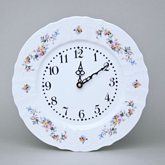 Hodiny nástěnné 27 cm, Thun 1794, karlovarský porcelán, BERNADOTTE bílá + kytičky