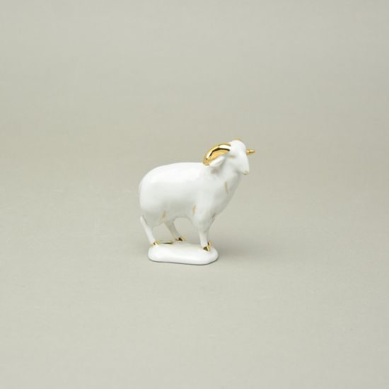 Beran 8,6 cm (kozoroh), bílá + zlato, Porcelánové figurky Duchcov