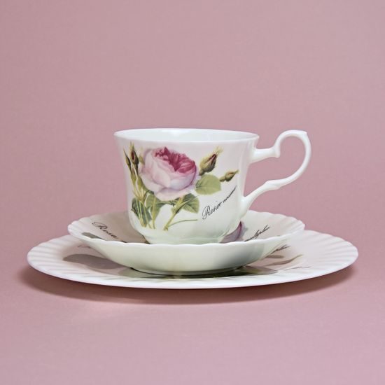 Redoute Rose: Trio Set - Tea Cup 220 ml, Saucer breakfast and Dessert Plate, English Fine Bone China, Roy Kirkham