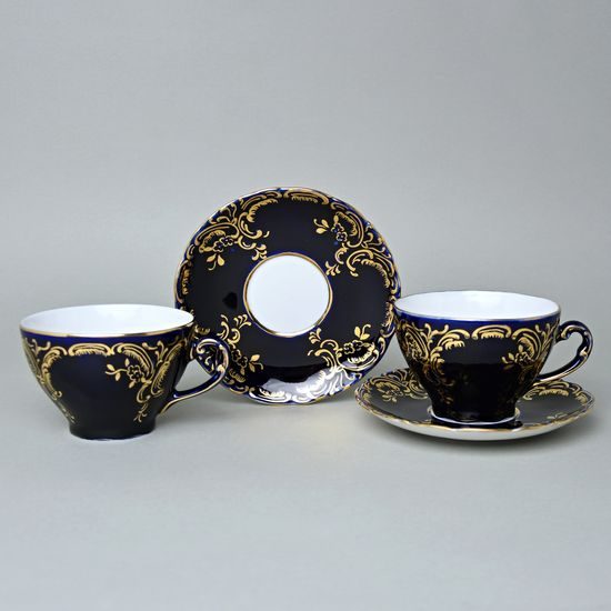 Souprava Šálek 200 ml a podšálek čajový, 2ks. Opera kobaltová modř + zlato, Dárkové balení, Český porcelán a.s. (Royal Dux Bohemia)