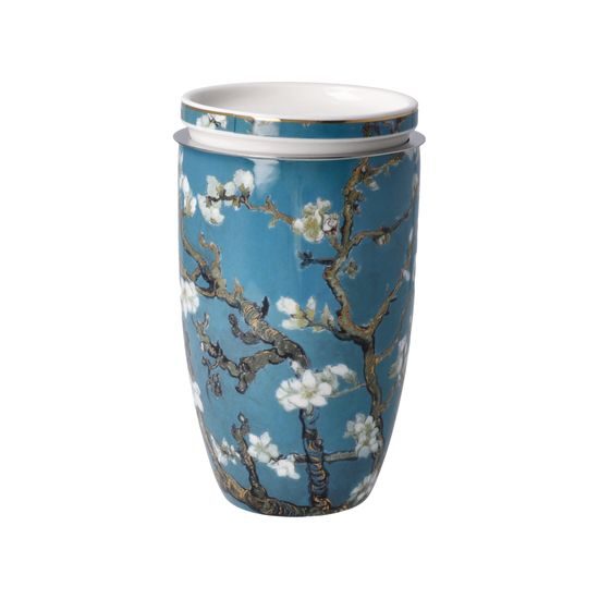 Tea Cup 0,4 l with Lid and Strainer V. van Gogh - Almond Tree Blue, 11.5 / 8 / 14 cm, Fine Bone China, Goebel