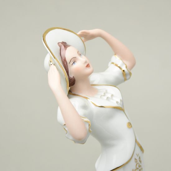 Dáma s kloboukem 16 x 11 x 23 cm, bílá + zlato, Porcelánové figurky Duchcov (2.j.)