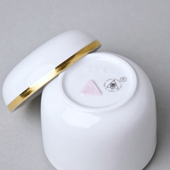 Dózička kulatá se zlatým páskem 7,5 x 7,2 cm, Bílá + Zlato, Porcelán Duchcov