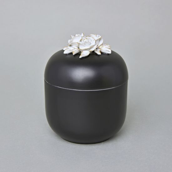 Dóza s růžemi 11 x 9 cm, Černý fond + zlato, Porcelán Duchcov