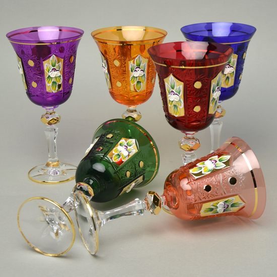 Wine glass coloured 220 ml, set of 6, enamel flowers + gold, Bohemia crystal gold