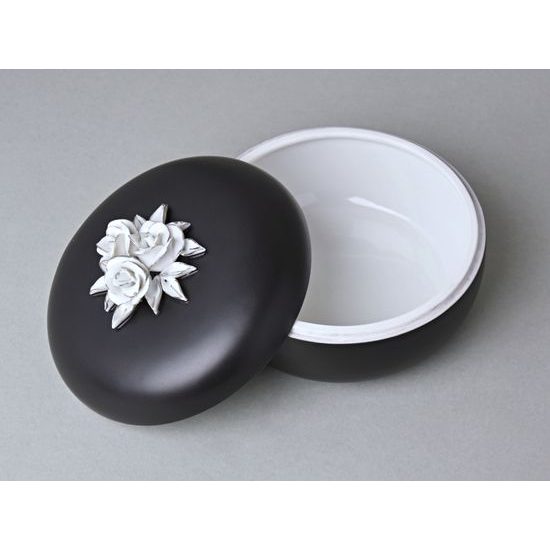 Dóza kulatá s růžemi 13,7 x 7,5 cm, Černý fond + Platina, Porcelán Duchcov