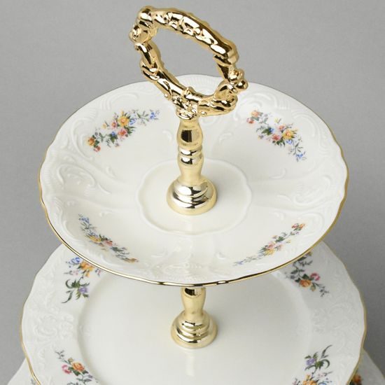 Cake stand 3 pcs. 34 cm, Thun 1794, karlovarský porcelán, BERNADOTTE ivory + flowers + gold line