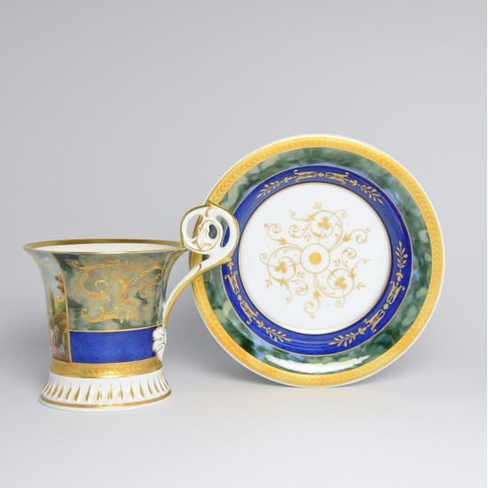 Cup and Saucer Johan, Prague 1874, 200 ml, Gold Etching, hand-painted by Roman Široký, Haas a Czjzek Porcelain