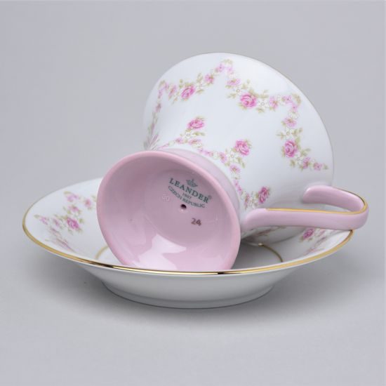 Cup tall footed 200 ml + saucer 15 cm, Světlana white-rose, decor 158, Leander Rose china