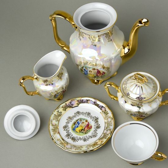 Kávová sada pro 6 osob, MALÉ NÍZKÉ ŠÁLKY, Tři Grácie, zlatý listr, Carlsbad