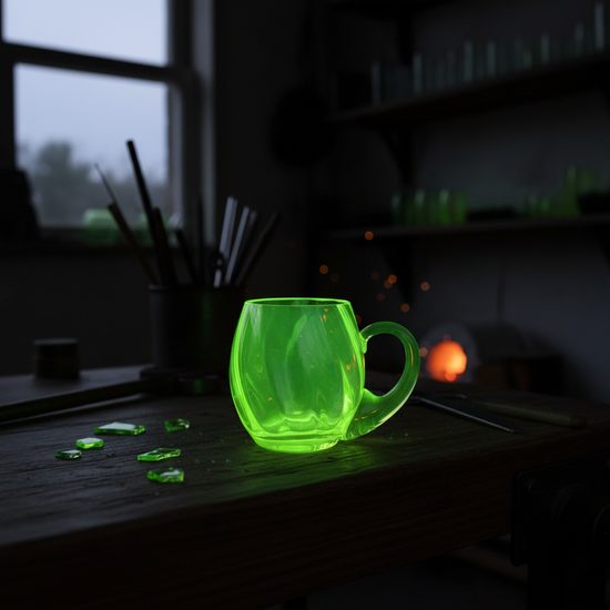 Glass OPTICA with handle (uranium glass), 300 ml, Glassworks Janov