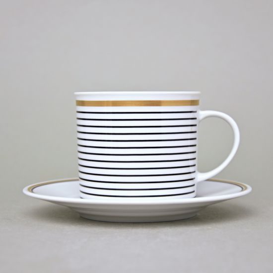 Cup 200 ml + saucer 15,5 cm, ELLA Black-Gold Stripes, Thun 1794 Carlsbad Porcelain