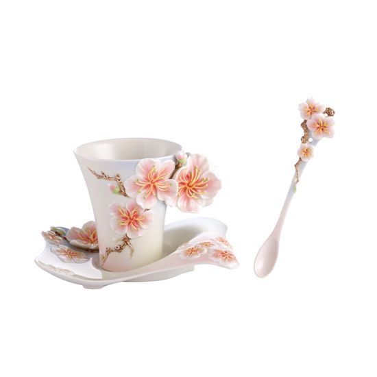 FOUR SEASONS-PLUM BLOSSOM DESIGN SCULPTURED porcelain cup/saucer/spoon set, FRANZ porcelain