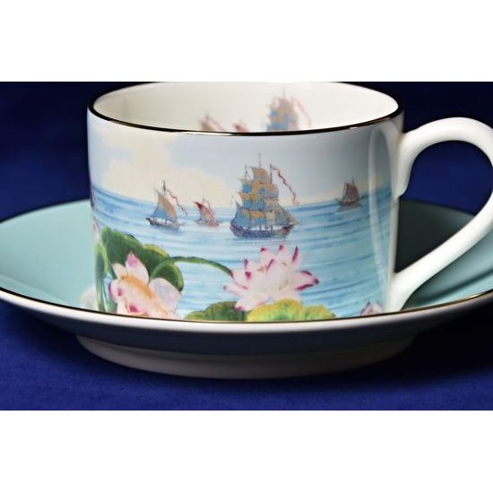 Blenheim Palace - Indian Room, Lotos and ships: Cup 200 ml and saucer breakfast, English Fine Bone China, Roy Kirkham