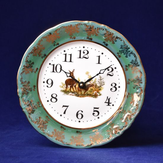 Clock wall 24 cm, Thun 1794 Carlsbad porcelain, hunting decor + green pearl