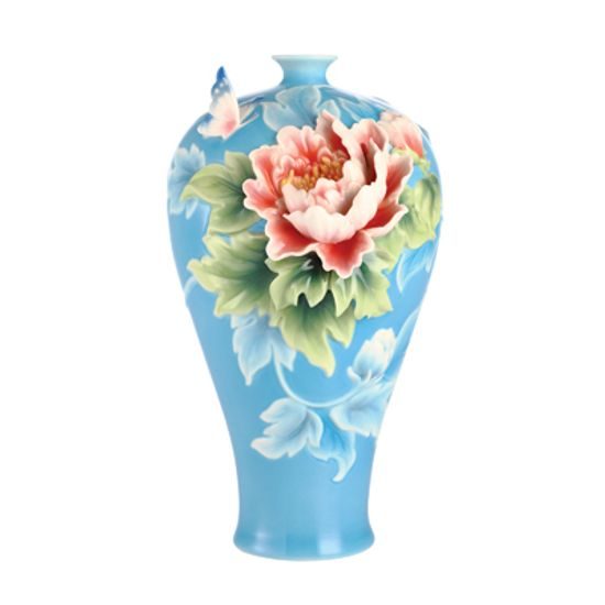 Butterfly and peony design sculptured porcelain midsize vase 33 cm, FRANZ Porcelain