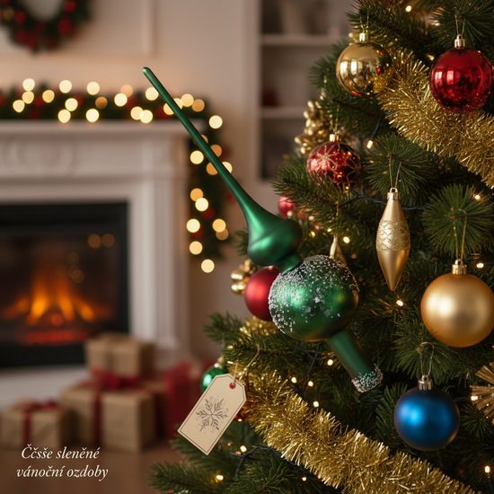 Christmas tree tip 26 cm, glass - GREEN, Bohemian hand made Christmas decorations