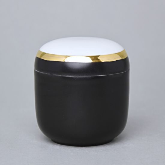 Dózička kulatá se zlatým páskem 7,5 x 7,2 cm, Černý fond + Zlato, Porcelán Duchcov