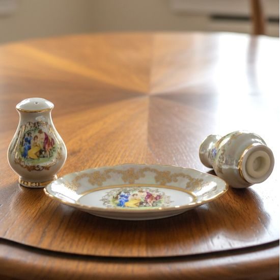 Slánka + pepřenka + podnůsek, Tři Grácie, porcelán QueensCrown