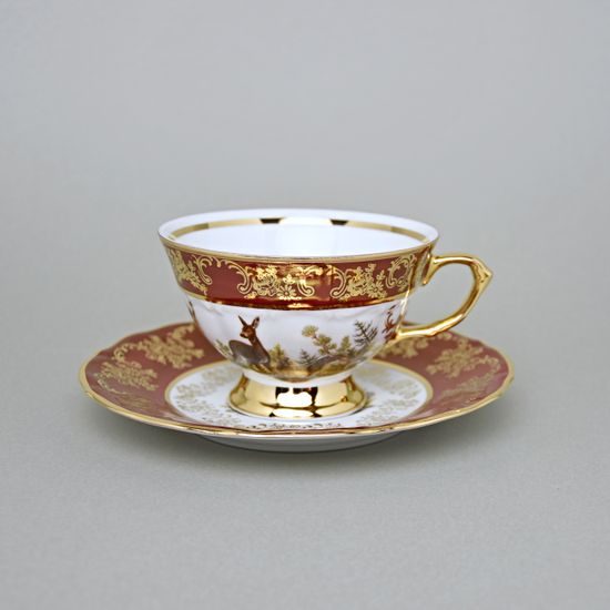 Tea cup 200 ml + saucer, Hunting - Ruby red, Carlsbad