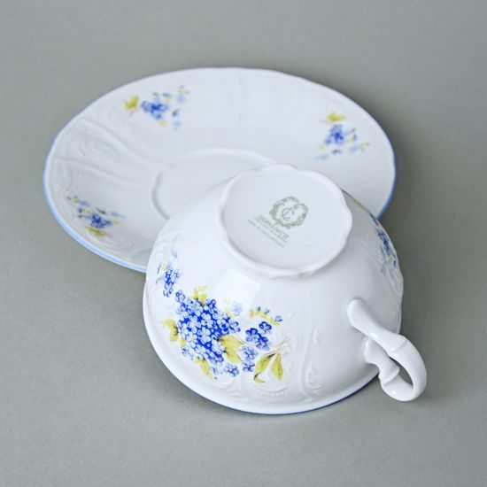 Tea cup + saucer 275 ml / 18 cm, Thun 1794 Carlsbad porcelain, BERNADOTTE Forget-me-not-flower