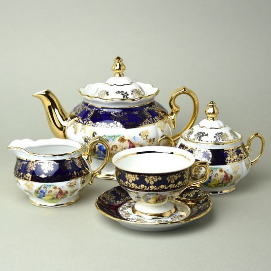 Tea set for 6 pers., The Three Graces + gold + COBALT, Queens Crown porcelain