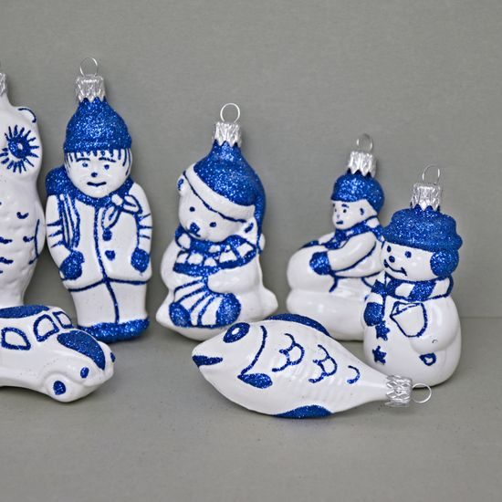 Christmas tree decoration, Blue Glitters - 9 pcs. set, Czech christmas decorations