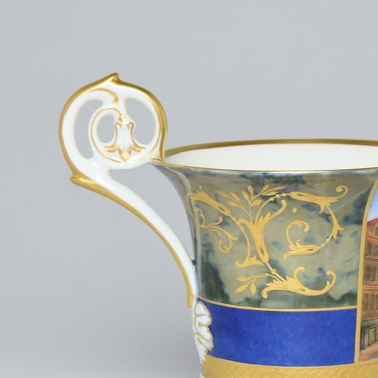 Cup and Saucer Johan, Prague 1848, 200 ml, Gold Etching, hand-painted by Roman Široký, Haas a Czjzek Porcelain