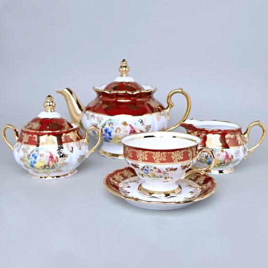 Čajová souprava pro 6 osob, Tři Grácie, zlatý listr + rubín, porcelán QueensCrown