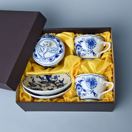 Souprava šálků a cukřenky v dárkové krabičce, Cibulák, originální z Dubí