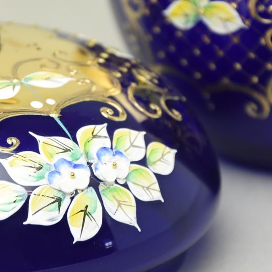 Křišťálová dóza "Jablko" kulatá velká - MODRÉ, v. 22 cm, zlato + smalt, Jahami Bohemia