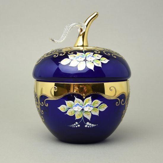 Křišťálová dóza "Jablko" kulatá velká - MODRÉ, v. 22 cm, zlato + smalt, Jahami Bohemia