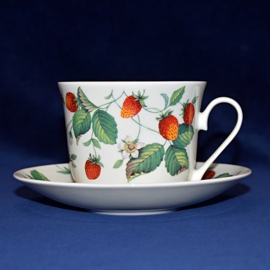 Alpine Strawberry: Cup 420 ml and saucer breakfast, English Fine Bone China, Roy Kirkham